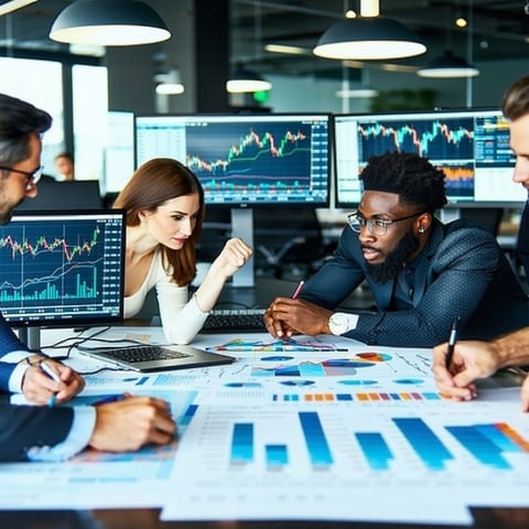 I envision a dynamic scene where a diverse group of investors is gathered around a sleek conference table intently analyzing price trends displayed on multiple screens They are engaged in a lively discussion dissecting data with ease as they navigate