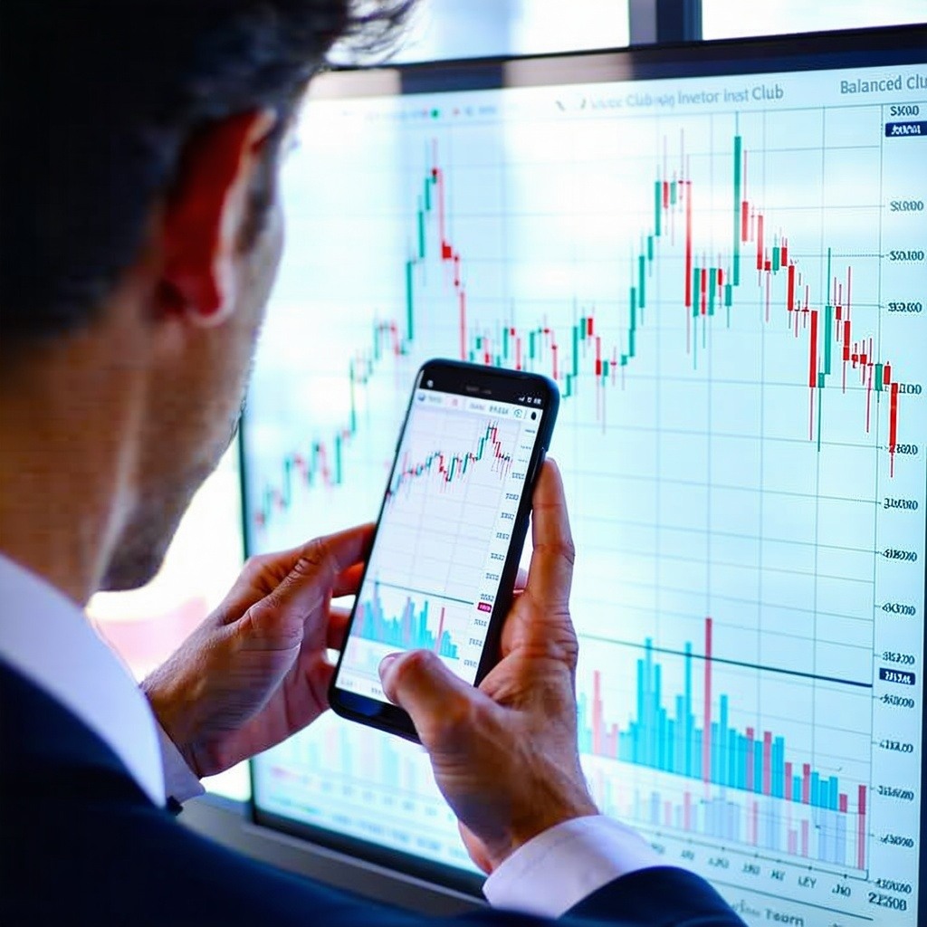 use a chart of a stock fluctuating up in a steady trend and show a person steadily seeing their mobile phone and feeling good about themselves with the decision to be part of the balanced investor club-1 use a chart of a stock fluctuating up in a steady trend and show a person steadily seeing their mobile phone and feeling good about themselves with the decision to be part of the balanced investor club-1
